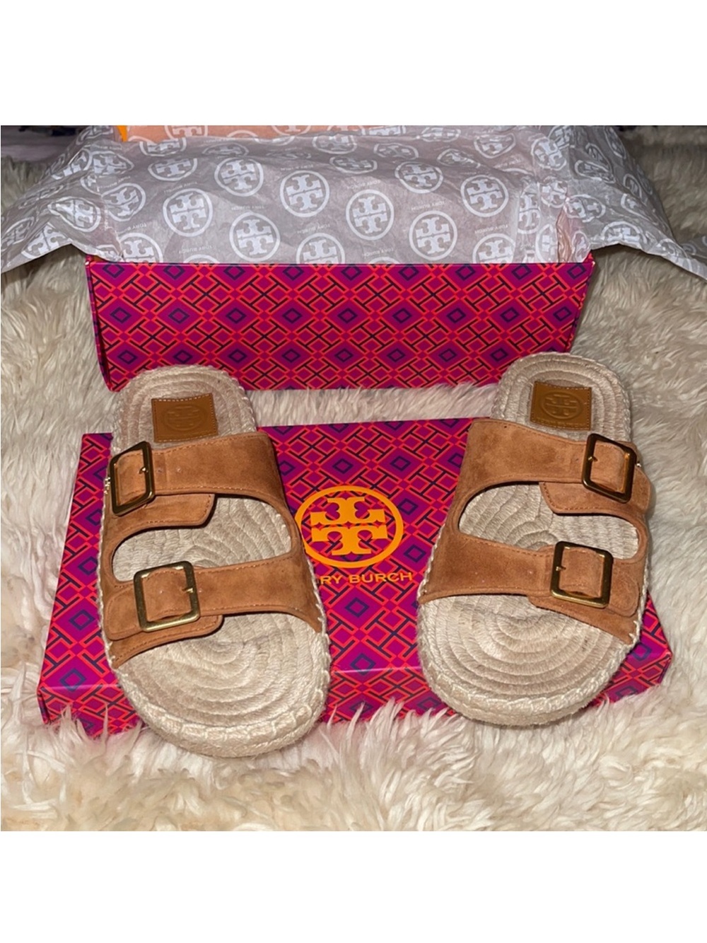 Tory Burch Women’s Two Band Espadrille Slide Sandals Brown/Beige Buckle 8